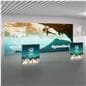 20' SEG light box display with counter in a room showing the scale of the impressive backwall