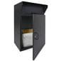 Outdoor package drop box with swing open door