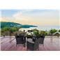 5 Piece rattan outdoor dining set includes tables, chairs, and cushions