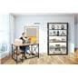 Wood and steel desk with matching shelving unit designs