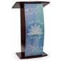 Contemporary lectern with custom curved panel featuring personalized graphics