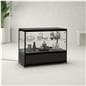 Illuminated glass display case in retail setting 