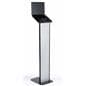 Black and silver brandable tablet kiosk with hinged enclosure for  device access