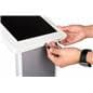 White  iPad kiosk with panel with 2 sets of keys for security 