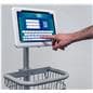 Mobile tablet cart for Surface Pro showcasing a person interacting with the tablet on the medical cart