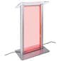 Illuminated clear acrylic podium has overall dimensions of 27 inches by 48 inches
