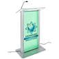 Frosted acrylic light up podium with logo and an angled top platform