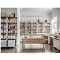 Glass top retail console table with neutral aesthetic