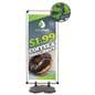Outdoor vertical banner stand with 33 x 79 fabric mesh panel 
