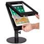 Black adjustable countertop iPad stand rotates to portrait or landscape mode
