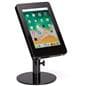 Black adjustable countertop iPad stand with powder-coated aluminum enclosure