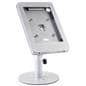 Silver adjustable countertop iPad stand with exposed holes for front and rear cameras