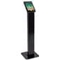 Black locking iPad tablet floor stand with integrated cable channel management 