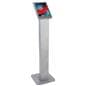 Silver rotating standing iPad floor kiosk with exposed front and rear camera holes