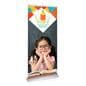 Premium wide base retractable banner stand with stay-flat vinyl panel