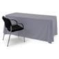 Grey polyester table cover evenly fits a 6' surface 