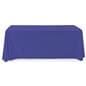 Blue polyester table cover with overlock stitching to prevent fraying 