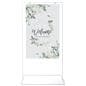 Minimalist white freestanding signage with 28 inch by 48 inch single sided graphic