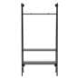 Wall mount a-frame outrigger features slotted channels for adjusting hanging accessories