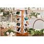 Spinning wooden literature holder with multiple tiers of clear acrylic shelving 