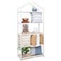 White metal and wood shelving unit with 14 inch shelf clearance 