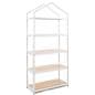 White metal and wood shelving unit with 5 tiers