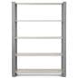 Modern retail display shelving with five shelves and open back