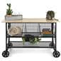 Industrial wood and mesh display console with ample storage space