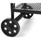 Industrial wood and mesh display console with four durable iron non-locking wheels