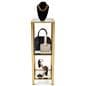 Narrow etagere with glass shelves and bumpers in-between shelves
