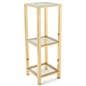 Narrow etagere with glass shelves that are 16 inches by 16 inches each