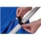 Table top canopy with hook and loop fasteners to secure awning