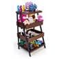 Rustic wooden dump merchandising shelves has a sturdy wood and metal construction
