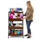 Rustic wooden dump merchandising shelves with an average width of 46 inches per shelf