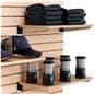 Slatwall shelves mount to slatwall fixtures via standard slat shelf brackets