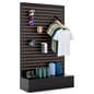 L-shaped slatwall panel display with 20 merchandising slots 