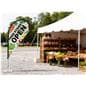 Custom Teardrop Flag at a farmer's market stand
