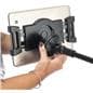 L-arm adjustable tablet holder with wheels features an adjustable spring bracket enclosure 