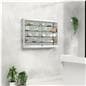 Wall mounted display cabinet with led lights hanging on reception wall