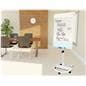 Mobile glass whiteboard with rolling casters that lock for stability