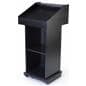 Black podium fixture with shelf and reading lip for materials 