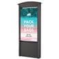 Outdoor digital signage display exhibiting an interactive touch screen advertisement for a travel agencyadversiting 