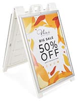 Snap Open A-Frame Sidewalk Sign with Knock Down Design for Easy Storage White snap open a-frame sidewalk sign for indoor and outdoor use