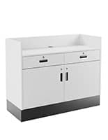 48" Sales Counter, Recessed Ledge Top, Locking Storage Recessed top sales counter with lockable storage features two drawers and four adjustable shelves