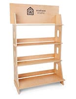 This Custom-Printed Wooden Shelf Stand Features a Multi-Tier Design that Stands Out in Any Retail Environment Custom-printed wooden shelf stand with collapsible design