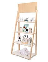 73" x 31.5" Multi-Tiered Display, Floor Standing, Collapsible Design - Natural White Ladder Shelves with Wood Dowels