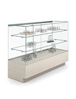 Glass Display Counter w/ Sliding Doors, Tempered Glass Shelves - Concrete Groovz Glass display counter with modern design