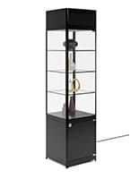 18" LED Display Case w/Cabinet Base, Adjustable Shelves & Locking Hinged Door - Black LED display case tower with 18" Overall Depth