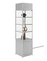 18" LED Display Case w/Cabinet Base, Adjustable Shelves & Locking Hinged Door -Silver Light up retail tower with 18" width