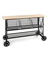 This Industrial Wood and Mesh Display Console Will Add a Rustic Feel to Your Retail Space Industrial wood and mesh display console with mobile design